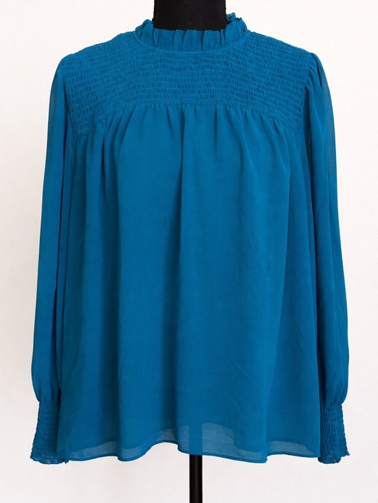 Ann Taylor Teal Smocked Blouse XL Ruffle Neck Long Sleeve Top - Picture 2 of 9